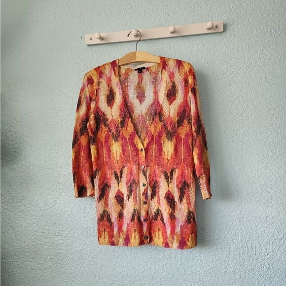 Ann Taylor silk and linen print 3/4 sleeve cardigan sweater - Picture 3 of 12